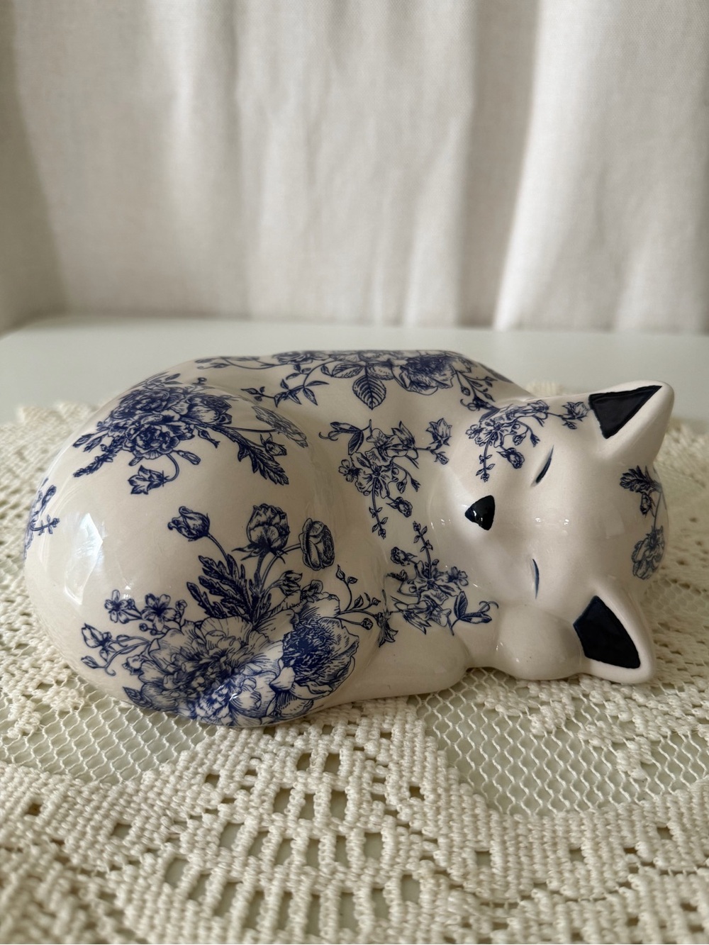 Darling Blue & White Floral Sleeping Ceramic Cat by Surry & Selena - 7” long - Picture 2 of 4